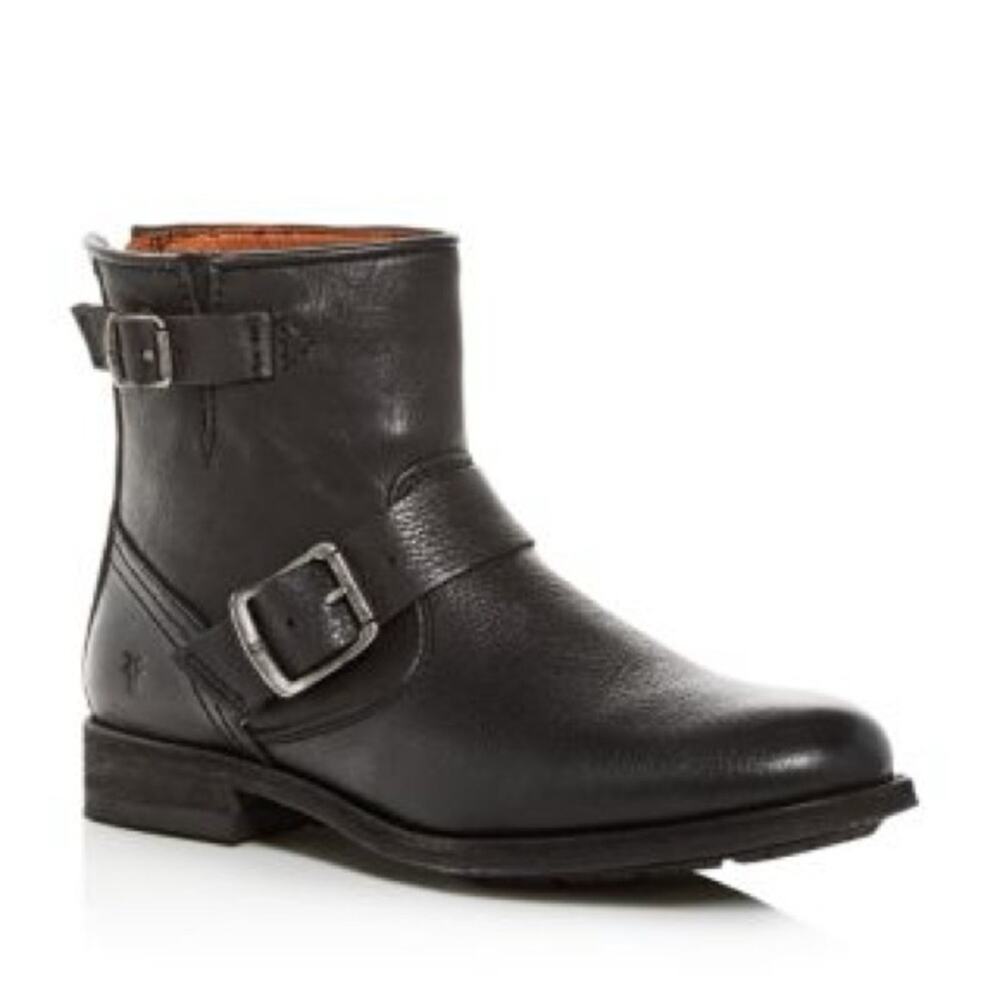 Frye Tyler Engineer Moto Ankle Zip Black Leather Buckle Boots Size 6.5